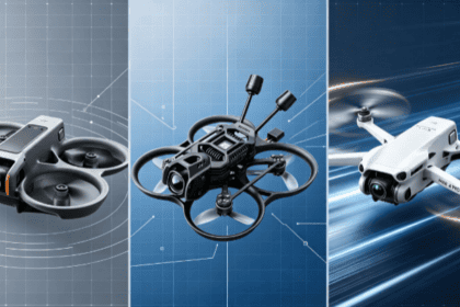 Trois modèles de drones présentés côte à côte : deux drones FPV avec protections d'hélices et un drone compact en vol