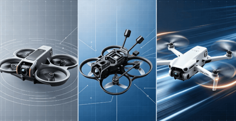 Trois modèles de drones présentés côte à côte : deux drones FPV avec protections d'hélices et un drone compact en vol