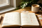 Bullet journal ouvert sur un bureau en bois, à côté d'un stylo-plume et d'une tasse de café