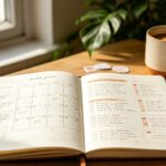 Bullet journal ouvert sur un bureau en bois, à côté d'un stylo-plume et d'une tasse de café
