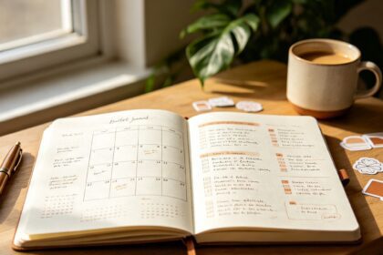 Bullet journal ouvert sur un bureau en bois, à côté d'un stylo-plume et d'une tasse de café