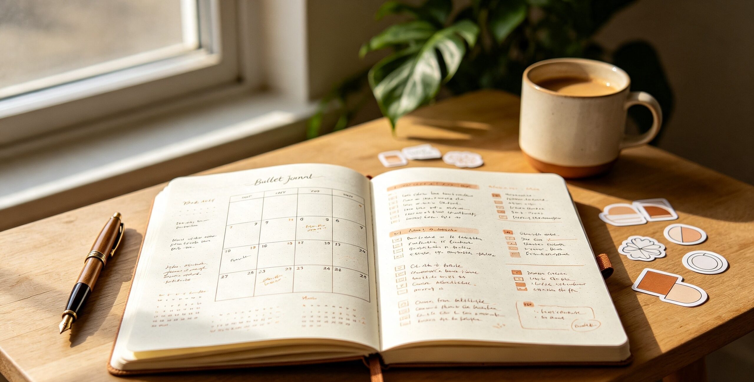 Bullet journal ouvert sur un bureau en bois, à côté d'un stylo-plume et d'une tasse de café