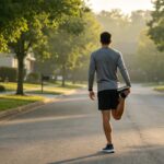 Homme vu de dos s'étirant la jambe au milieu d'une rue résidentielle le matin
