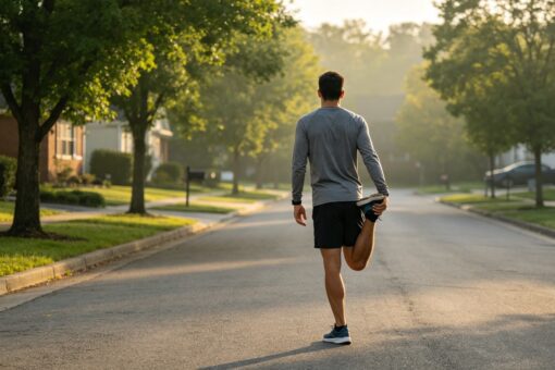 Homme vu de dos s'étirant la jambe au milieu d'une rue résidentielle le matin