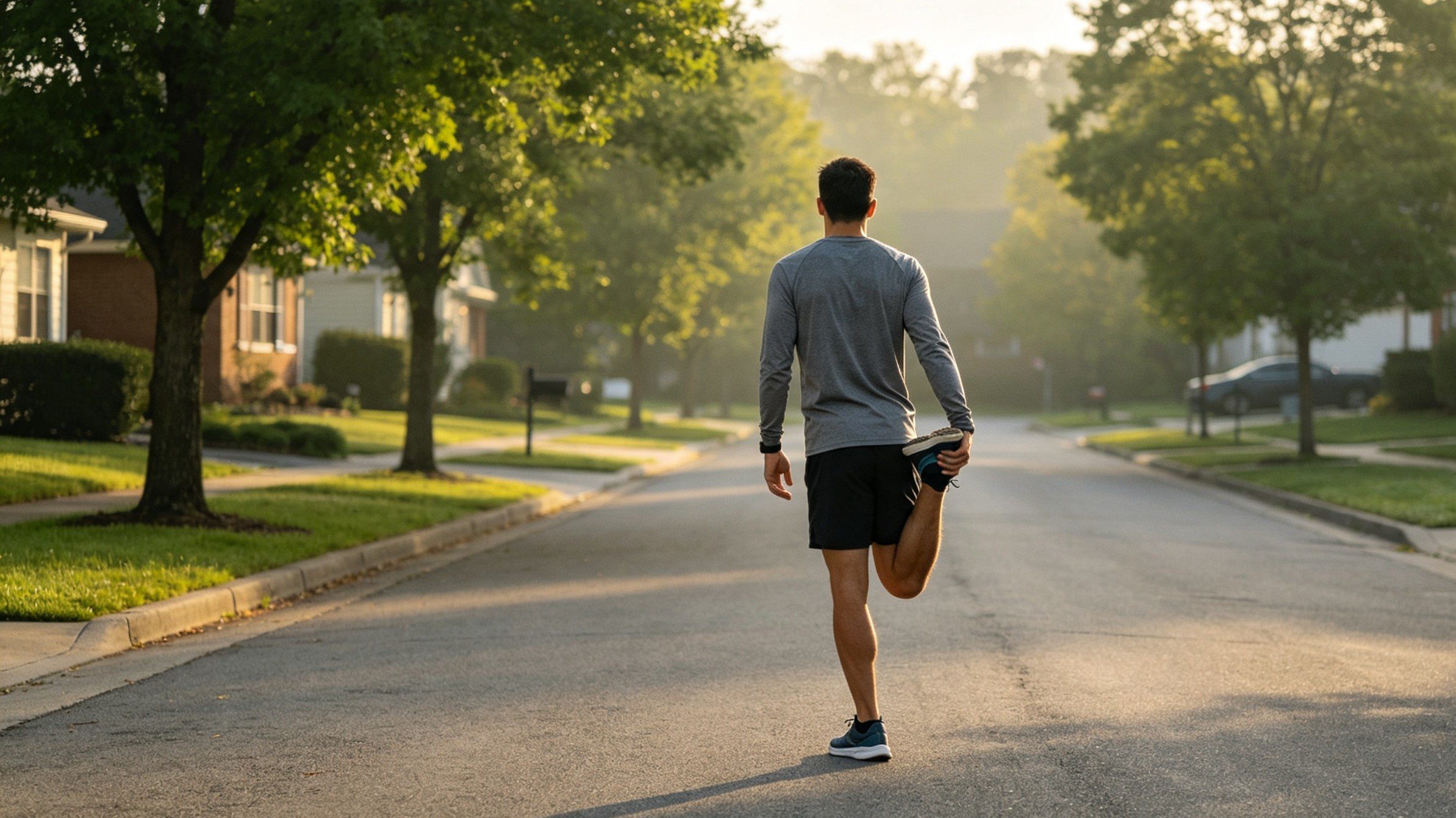 Homme vu de dos s'étirant la jambe au milieu d'une rue résidentielle le matin