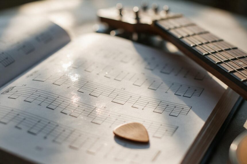 Manche de guitare et médiator posés sur un cahier de partitions ouvert