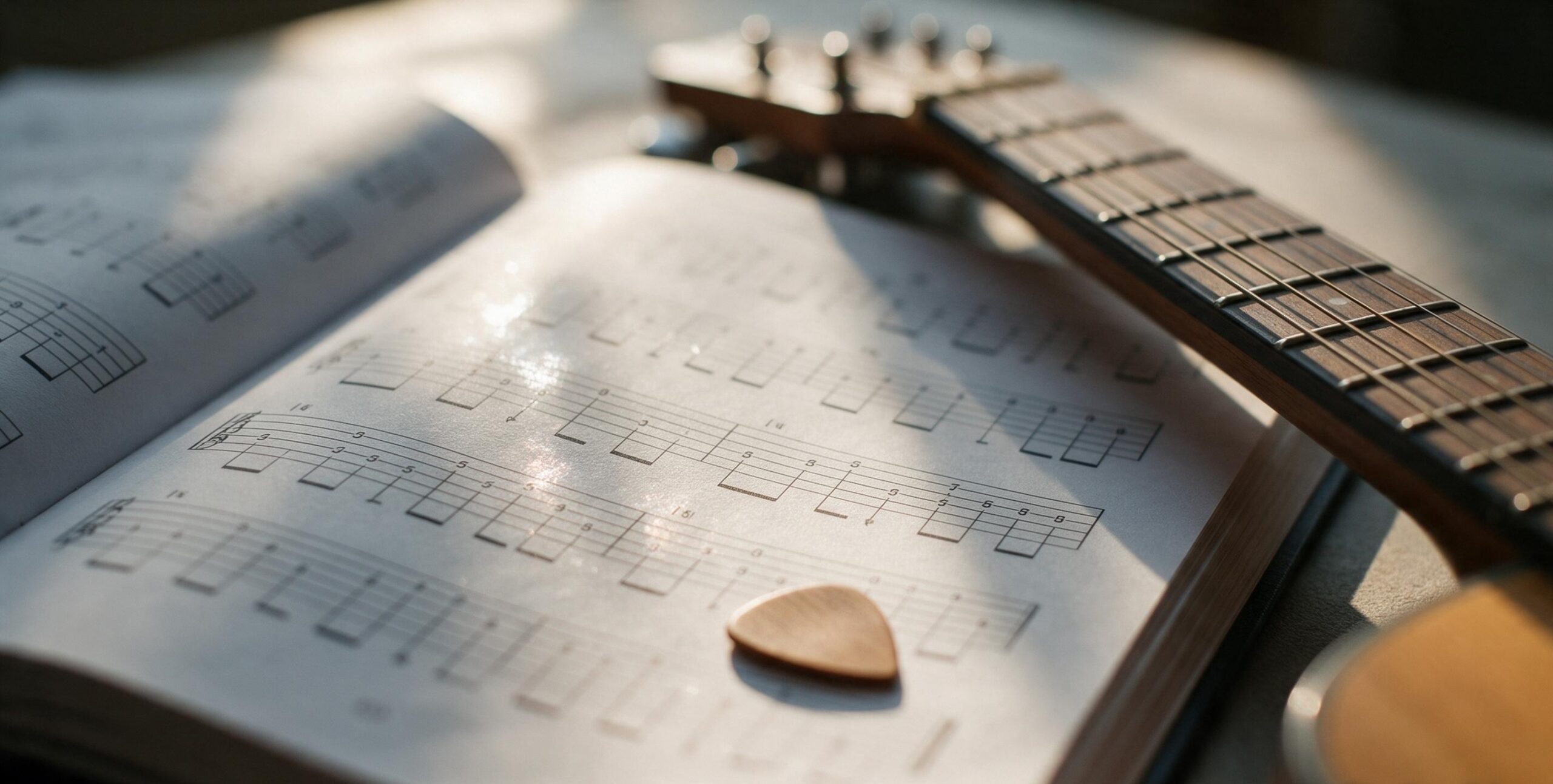 Manche de guitare et médiator posés sur un cahier de partitions ouvert